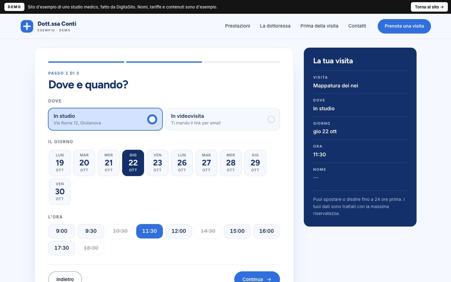 Schermata della demo: Prenota una visita